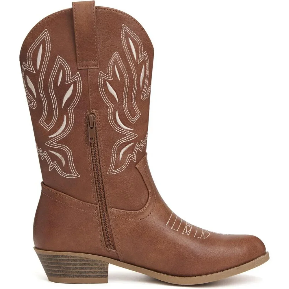 ⚡Kid Brown Polyurethane Cowboy Pointed Toe Mid-Calf Embroidered Side Zipper Boot